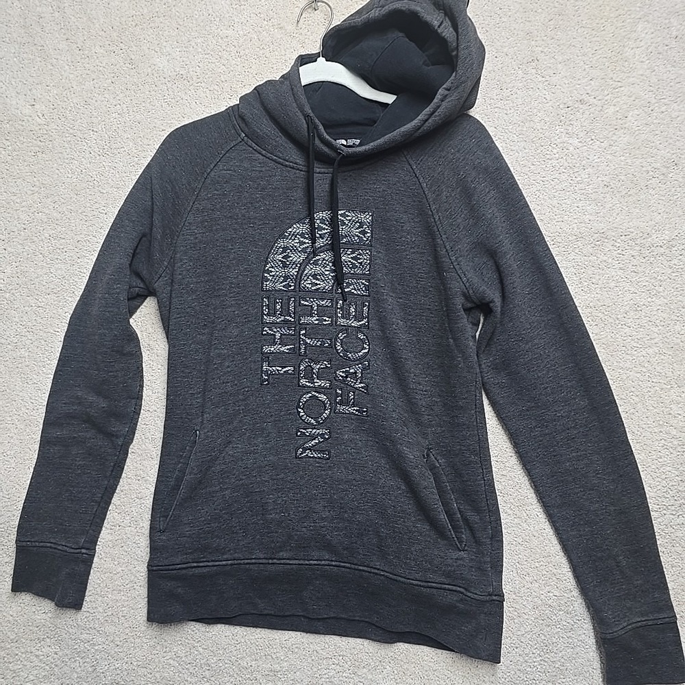 Womens Ladies NORTH FACE Long Sleeve Funnel Neck Hoodie Size MEDIUM Gray Pockets